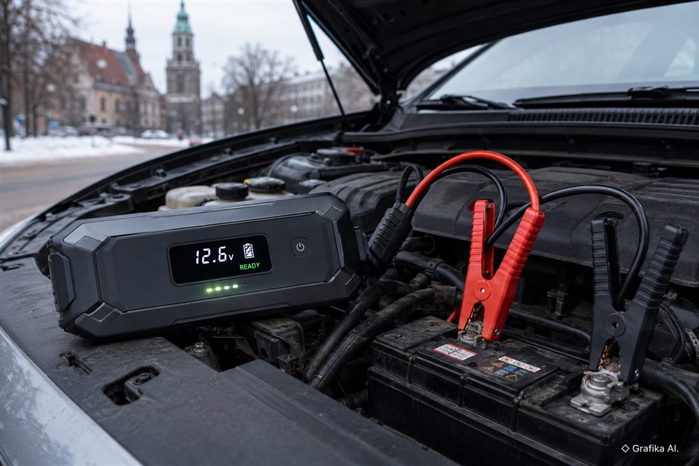 Jump starter z superkondensatorem przy akumulatorze samochodu – grafika AI