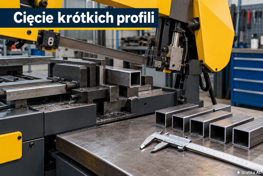 Przecinarka taśmowa z profilem zamocowanym w imadle i krótkimi odcinkami obok suwmiarki